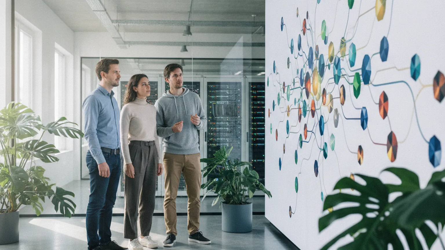 Drei Softwareentwickler betrachten in einem hellen Büro eine Wandgrafik mit vernetzten farbigen Knoten, im Hintergrund Serverschränke hinter Glas