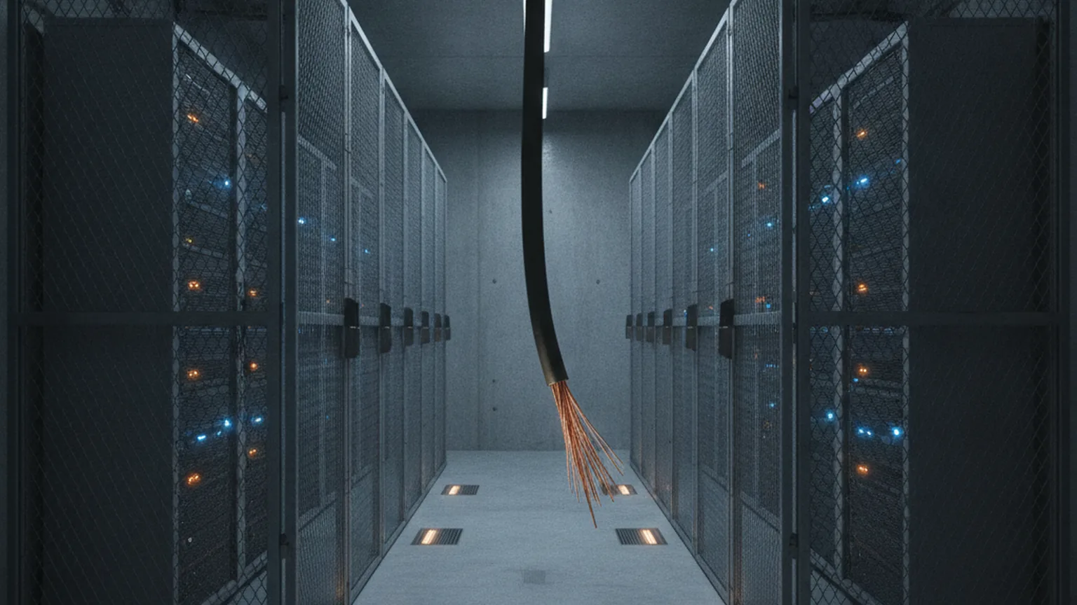 Abgeschotteter Serverraum mit vergitterten Server-Racks in einem Betonbau, in der Mitte hängt ein durchtrenntes Netzwerkkabel als Symbol für ein vom Internet getrenntes Air-Gapped-System