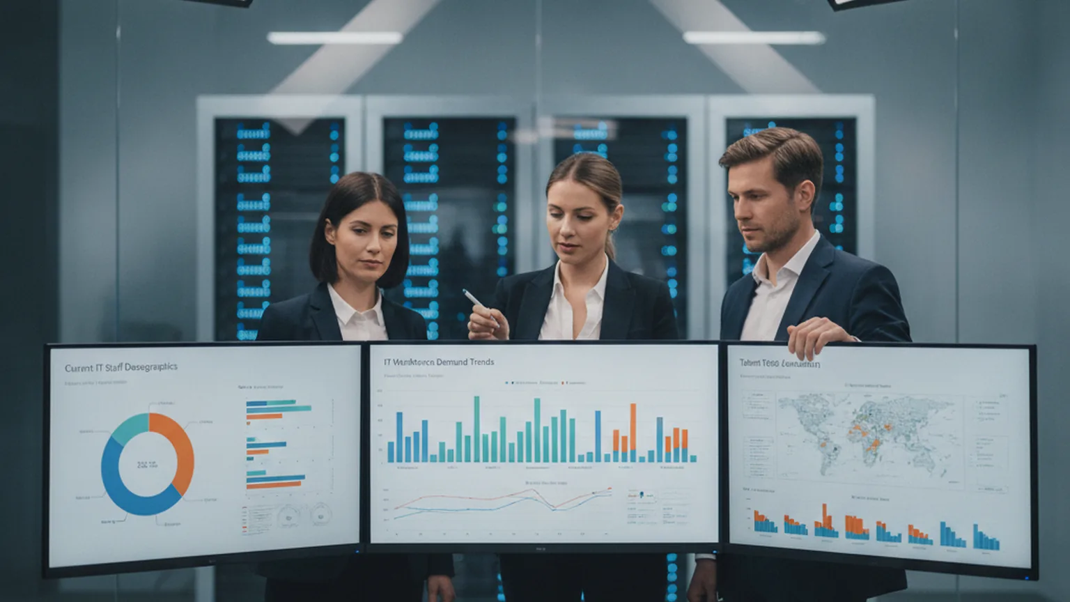 Fachleute analysieren IT-Personalmarkt-Daten auf großen Monitoren mit Balkendiagrammen und Arbeitsmarkt-Trends, im Hintergrund Serverinfrastruktur — Sinnbild für den Rückgang der IT-Nachfrage und den Ausnahmefall Datenbankentwickler im Hays-Index Q2 2026