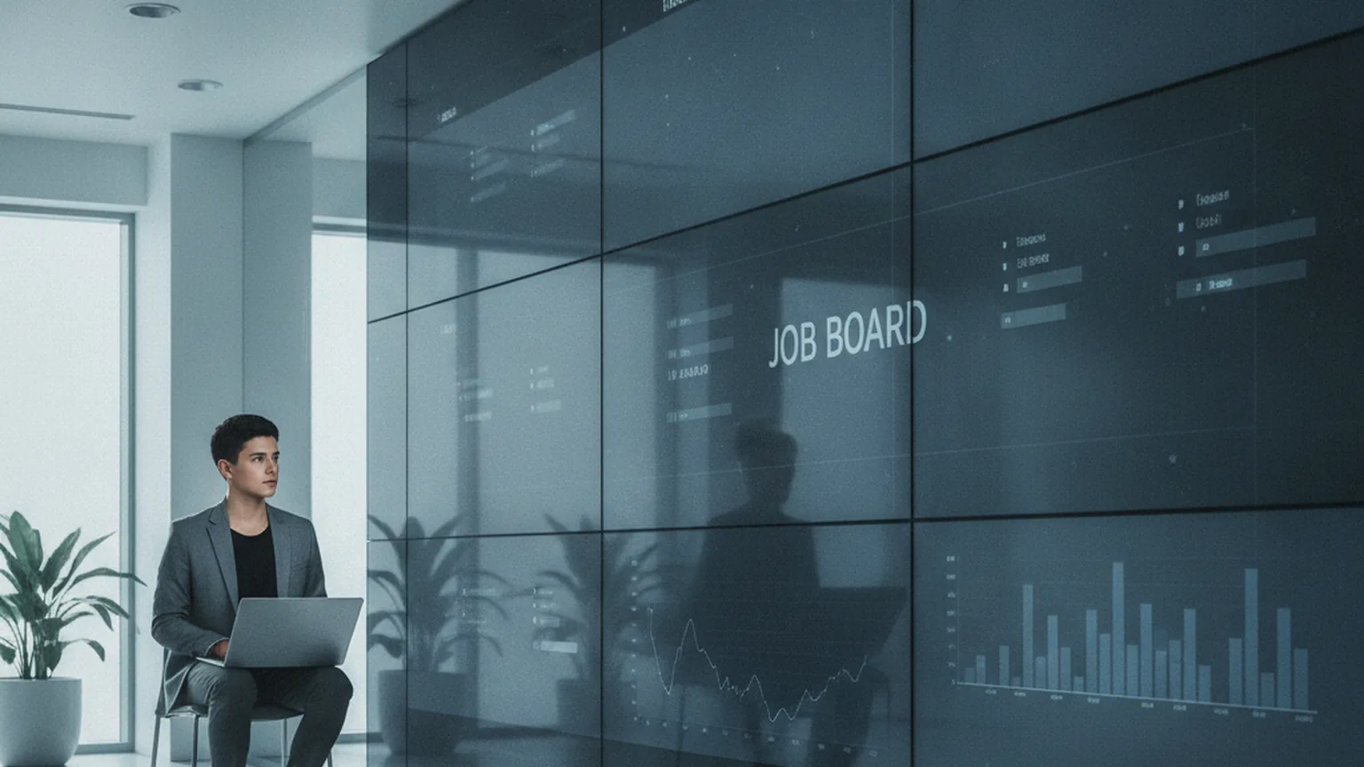 Junger IT-Berufseinsteiger sitzt mit Laptop allein in einem modernen Büro vor einer Wand aus digitalen Stellenanzeigen mit fallenden Balkendiagrammen — Sinnbild fuer den Einbruch der IT-Einstiegsjobs in Deutschland