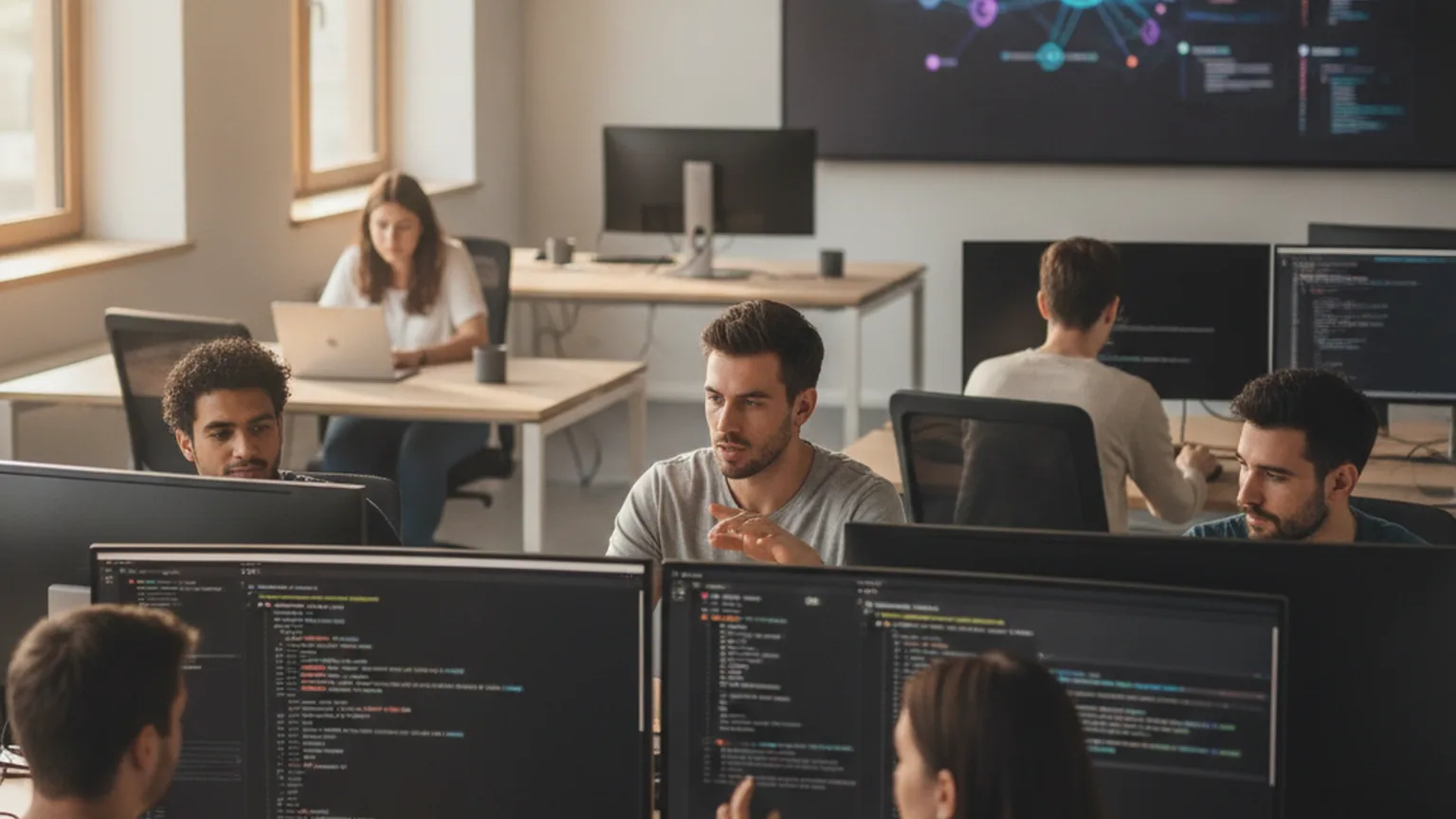 Software-Entwicklerinnen und -Entwickler arbeiten in einem hellen Büro an Bildschirmen mit Code, im Hintergrund ein leuchtendes KI-Netzwerk-Dashboard — Sinnbild für den IT-Arbeitsmarkt und den Wandel der IT-Rollen durch KI