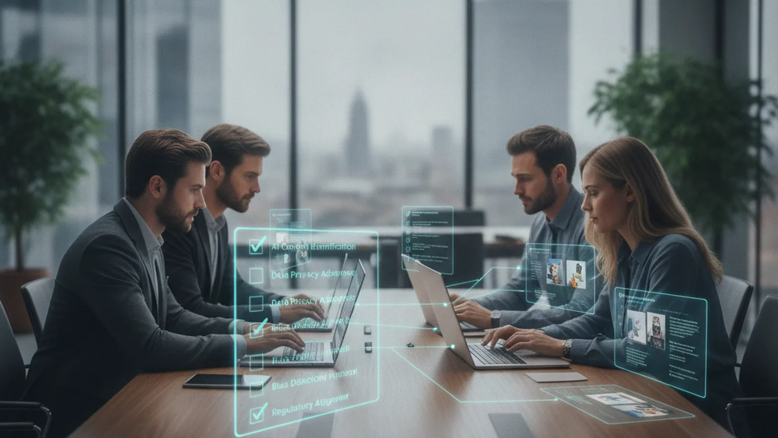 Team prüft KI-Compliance-Checkliste für EU AI Act Kennzeichnungspflicht auf Laptops in modernem Büro