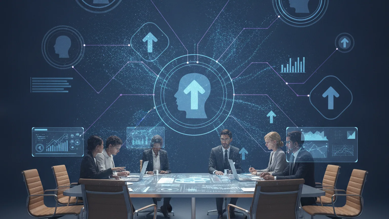 Professionelles Team an einem Konferenztisch mit digitalen KI-Schulungselementen und Datenknotenpunkten — symbolisiert die Anforderungen an KI-Kompetenz nach Artikel 4 EU AI Act
