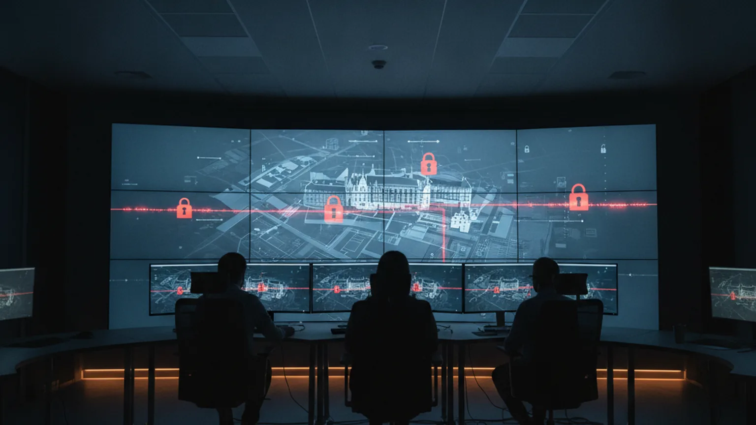 Abgedunkeltes IT-Lagezentrum mit Analysten vor einer großen Bildschirmwand, die einen Campus-Lageplan mit roten Schloss-Warnsymbolen zeigt — Sinnbild für den Cyberangriff auf die LMU München