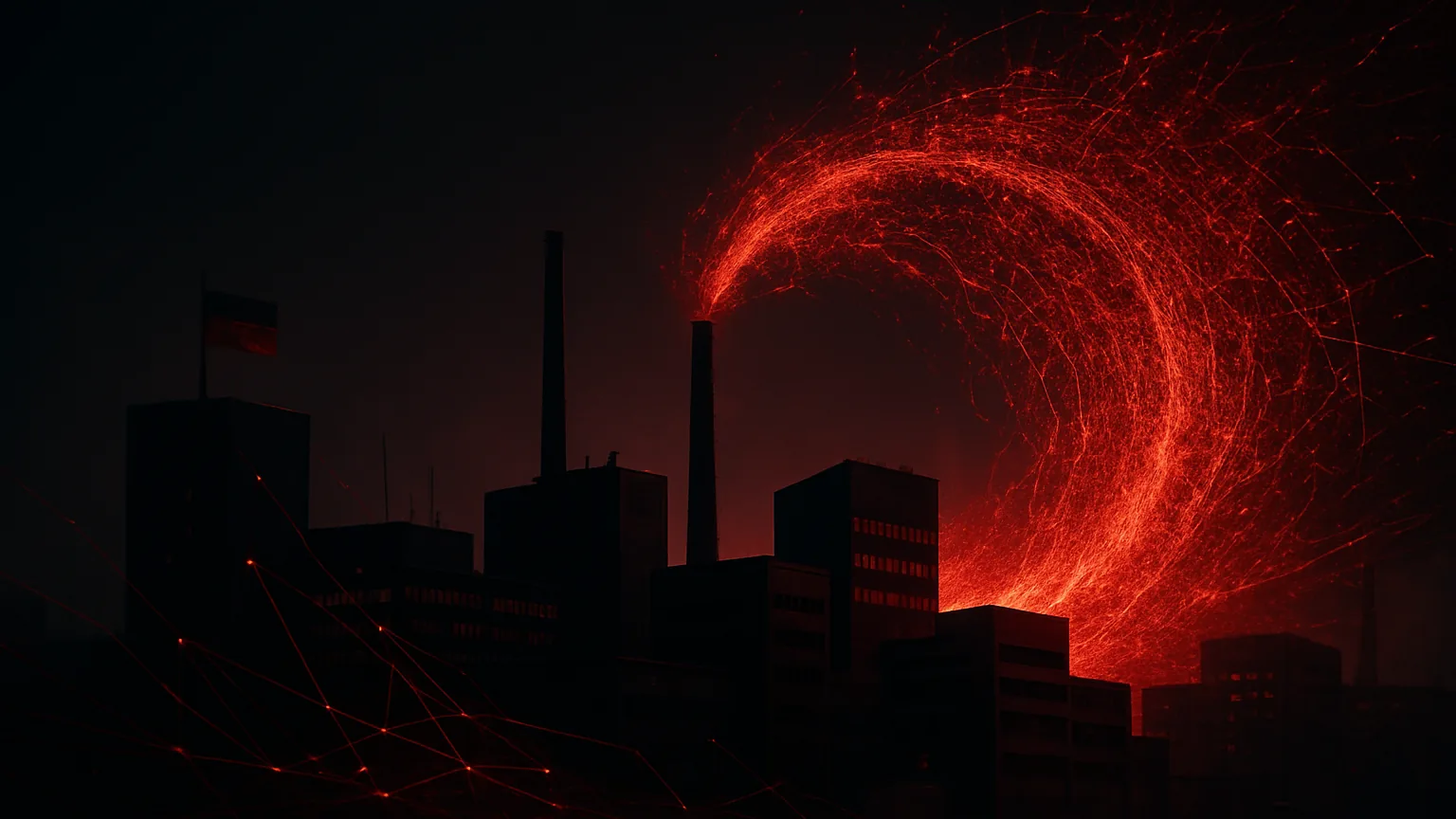Silhouette eines deutschen Industriestandorts mit Schornsteinen und Fabrikgebäuden vor einem dunklen Himmel, überlagert von einer leuchtend roten digitalen Bedrohungswelle — Sinnbild für die Ransomware-Angriffswelle im DACH-Raum 2026