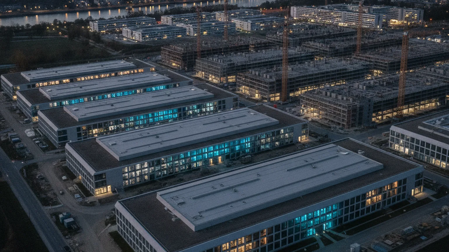 Luftaufnahme eines großen Rechenzentrumscampus in der Abenddämmerung mit beleuchteten Serverhallen, Baukränen für neue Gebäude und einem Fluss im Hintergrund