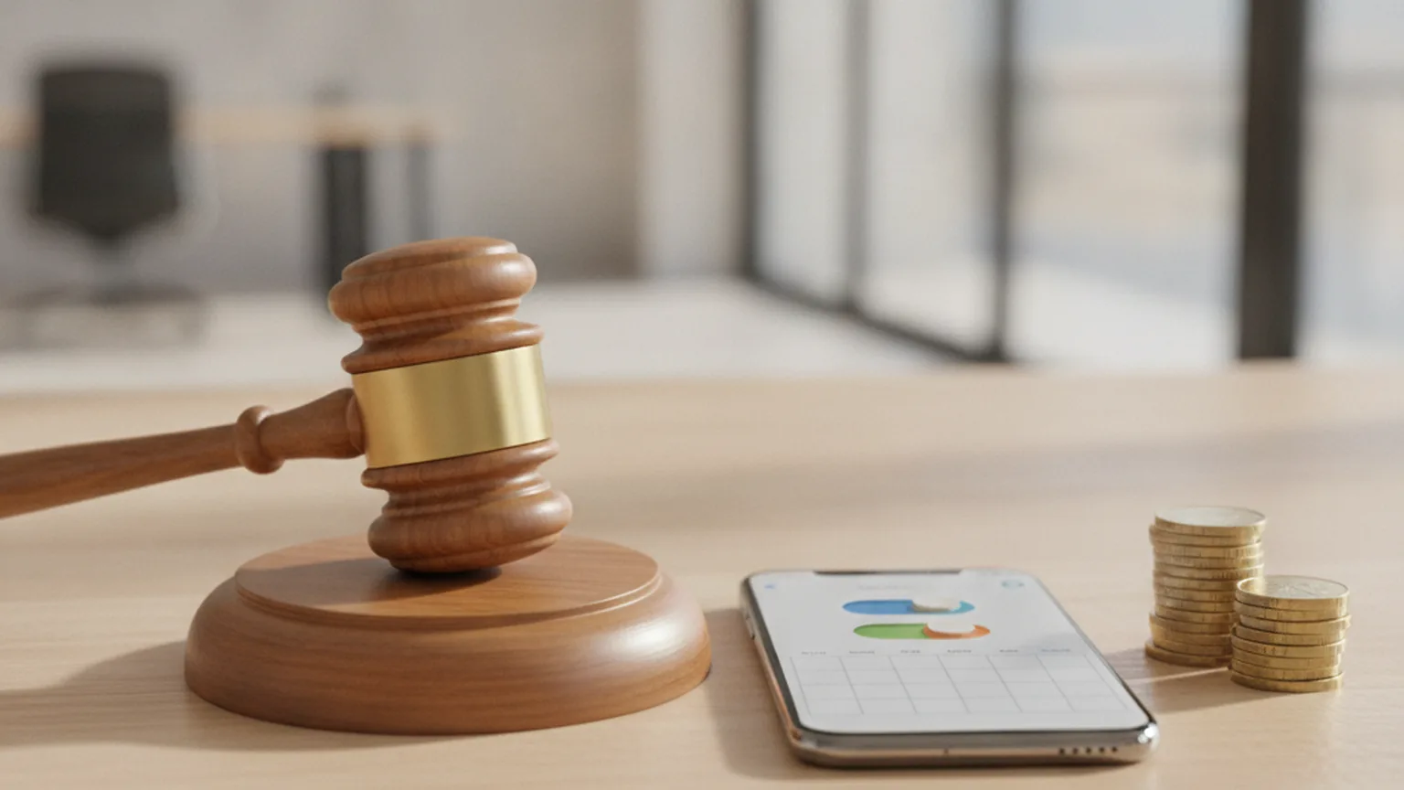 Richterhammer auf einem Holzschreibtisch neben einem Smartphone mit Schaltern und Kalenderansicht und einem Stapel Euro-Münzen — Sinnbild für das BGH-Urteil zu Preiserhöhungen bei digitalen Abos