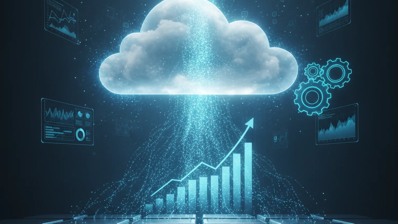 Datenströme fließen aus Serverschränken in eine leuchtende Cloud, daneben eine steigende Wachstumskurve und Prozess-Zahnräder — Sinnbild für den beschleunigten Umstieg auf Cloud-ERP