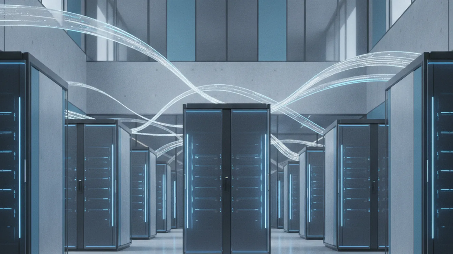 Modernes Rechenzentrum mit Serverreihen und leuchtenden Datenströmen — Sinnbild für souveräne KI-Infrastruktur und digitale Transformation der öffentlichen Verwaltung