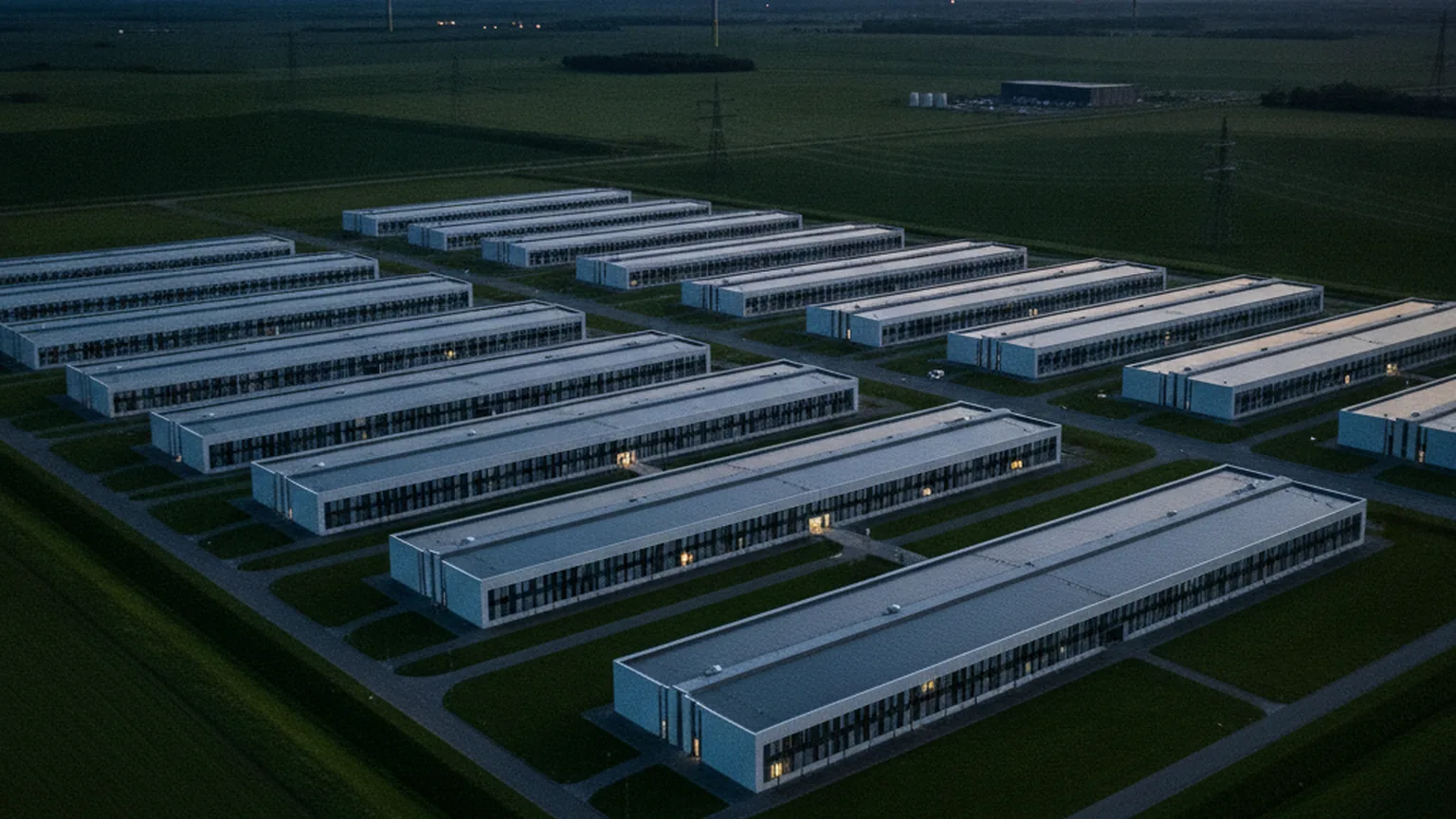 Luftaufnahme eines großen modernen Rechenzentrums mit langen Serverhallen in der grünen Landschaft Norddeutschlands in der Abenddämmerung, Hochspannungsleitungen im Hintergrund — symbolisch für den Sovereign-Cloud-Ausbau von Schwarz Digits bei Rostock