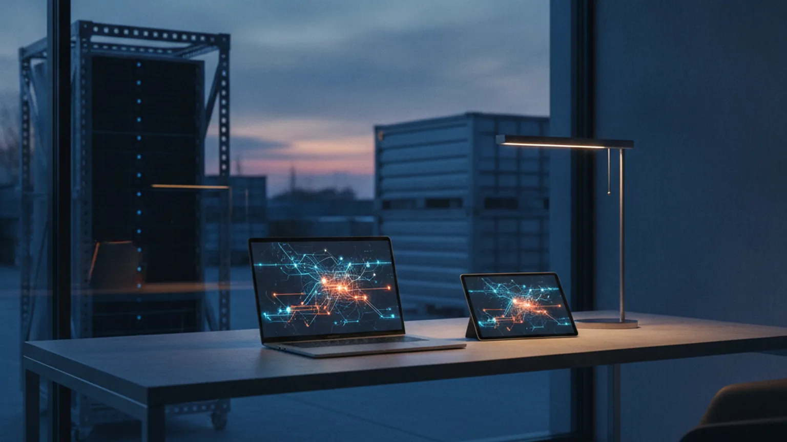Laptop und Tablet mit abstraktem Netzwerkdiagramm auf einem Schreibtisch, vor dem Fenster ein Serverregal und Frachtcontainer in der Abenddämmerung