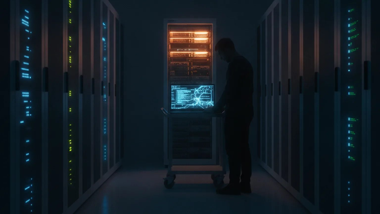 Dunkler Serverraum mit Reihen von Serverschränken, in der Mitte ein Rack mit orangefarbenen Warnleuchten und ein Techniker vor einem Laptop auf einem Servicewagen