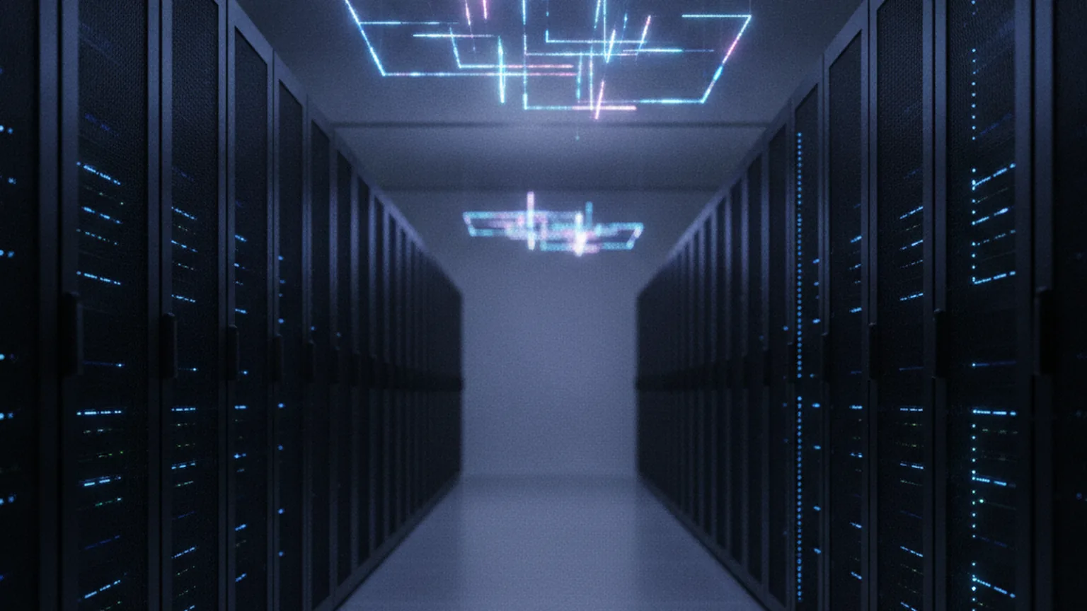 Gang eines Rechenzentrums mit Serverschränken in blauem Licht, darüber ein leuchtendes abstraktes Gittermuster als Symbol für quantensichere Verschlüsselung