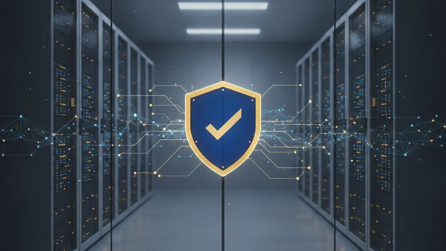 Gesichertes deutsches Rechenzentrum hinter einer Glaswand, ein Schutzschild mit Häkchen und ein Netz aus verbundenen Knoten — Sinnbild für eine souveräne Zero-Trust-Cloud-Sicherheitsplattform