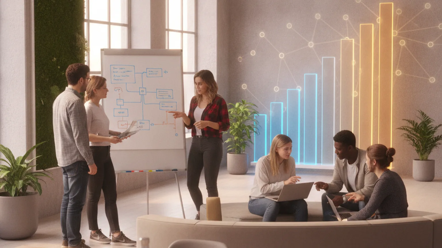 Junge Gründerinnen und Gründer arbeiten in einem hellen Coworking-Space an einem Whiteboard mit Software-Architektur, im Hintergrund eine leuchtende steigende Balkenkurve mit Netzwerk-Motiven — Sinnbild für den KI-getriebenen Startup-Boom