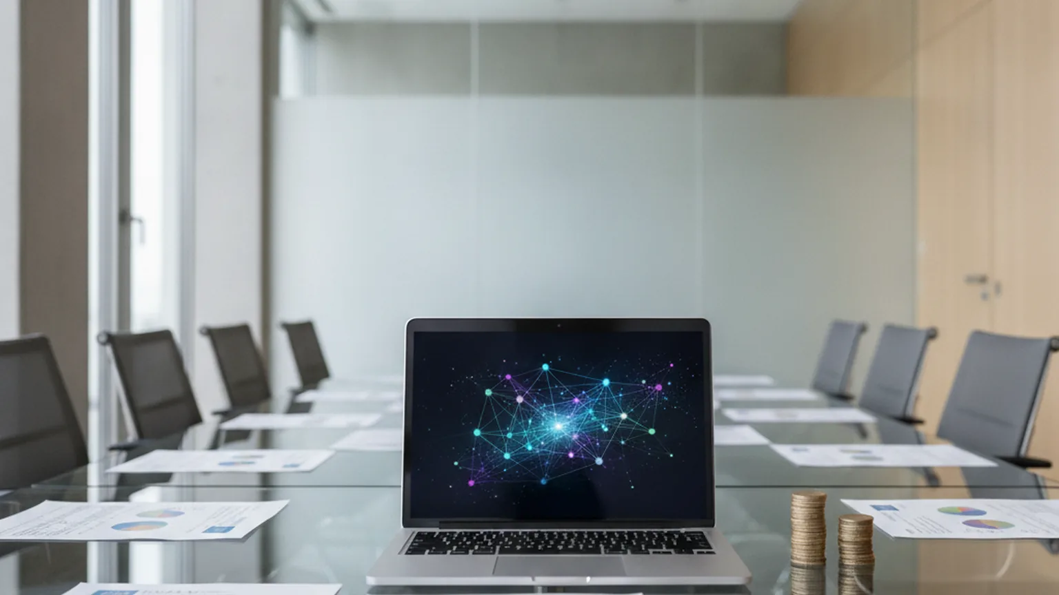 Besprechungsraum mit Glastisch, Laptop mit Darstellung eines neuronalen Netzes, Münzstapeln und ausgedruckten Finanzunterlagen