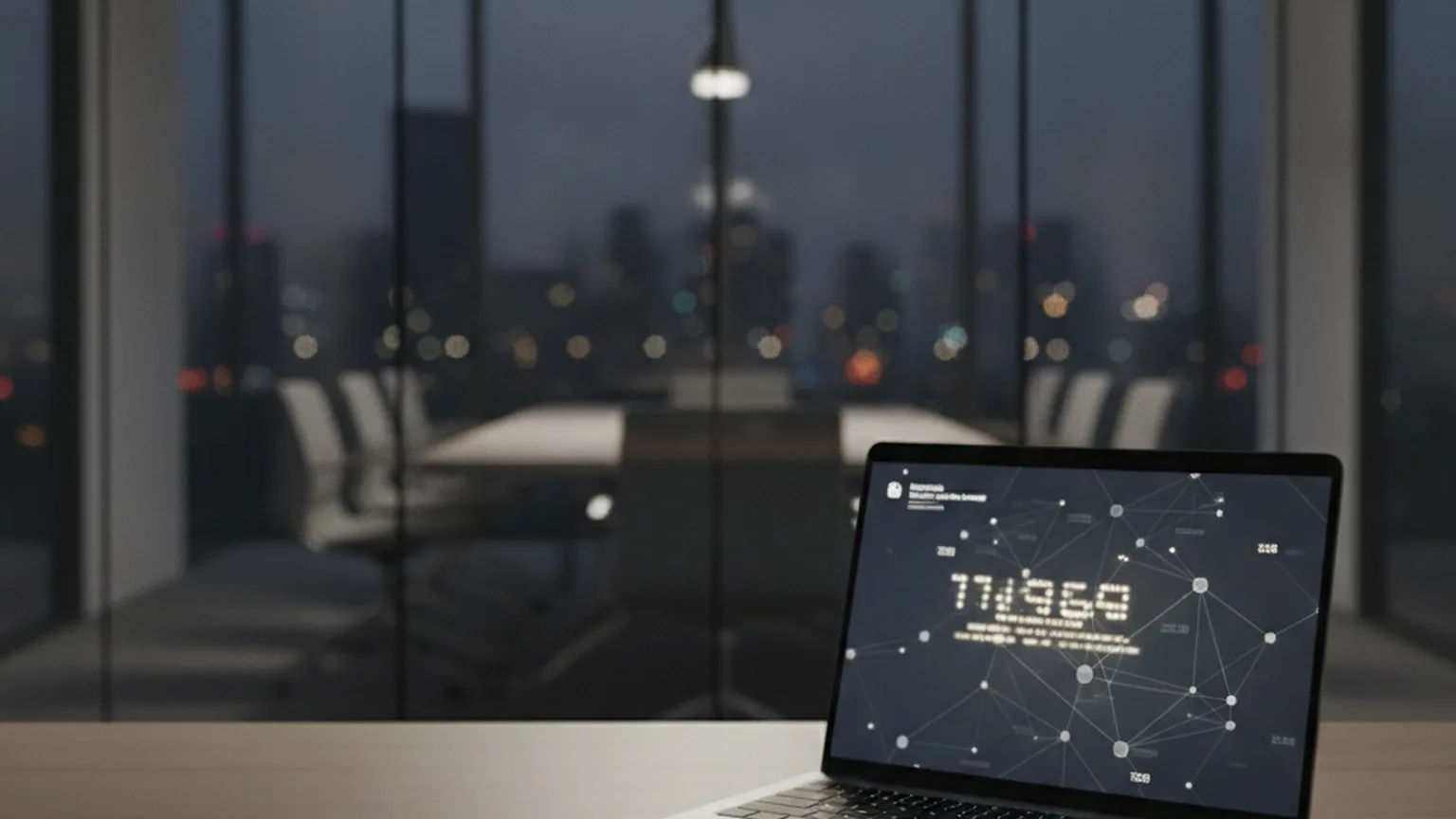 Laptop mit abstraktem Transaktions-Dashboard auf einem Schreibtisch, dahinter ein abgedunkelter Besprechungsraum und die Lichter einer Stadt am Abend