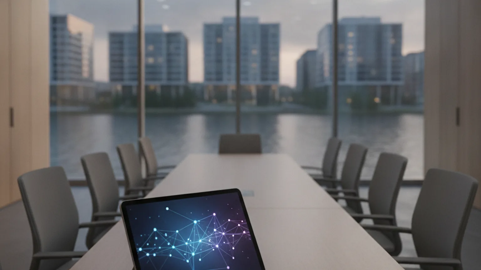 Leerer Konferenzraum einer Behörde in der Abenddämmerung mit Blick auf einen Fluss, auf dem Tisch ein Tablet mit abstraktem Netzwerkgraphen