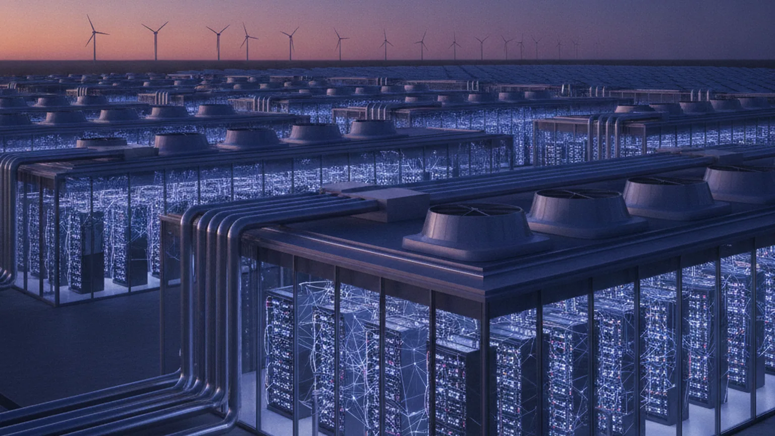 Modernes Hyperscale-Rechenzentrum in Deutschland in der Abenddämmerung mit langen Reihen blau leuchtender Serverschränke und Windrädern am Horizont — Symbol für den milliardenschweren Ausbau der KI-Rechenkapazität