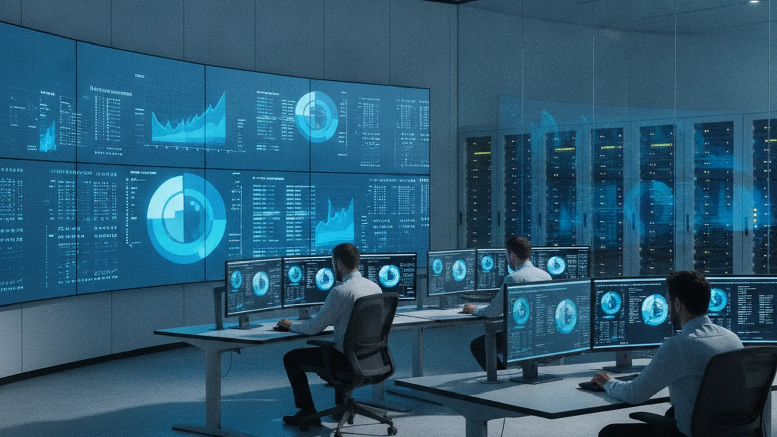 Leitstand einer Zentralbank: Mitarbeitende überwachen Zahlungsverkehrs-Dashboards auf einer großen Monitorwand, dahinter Serverschränke hinter Glas